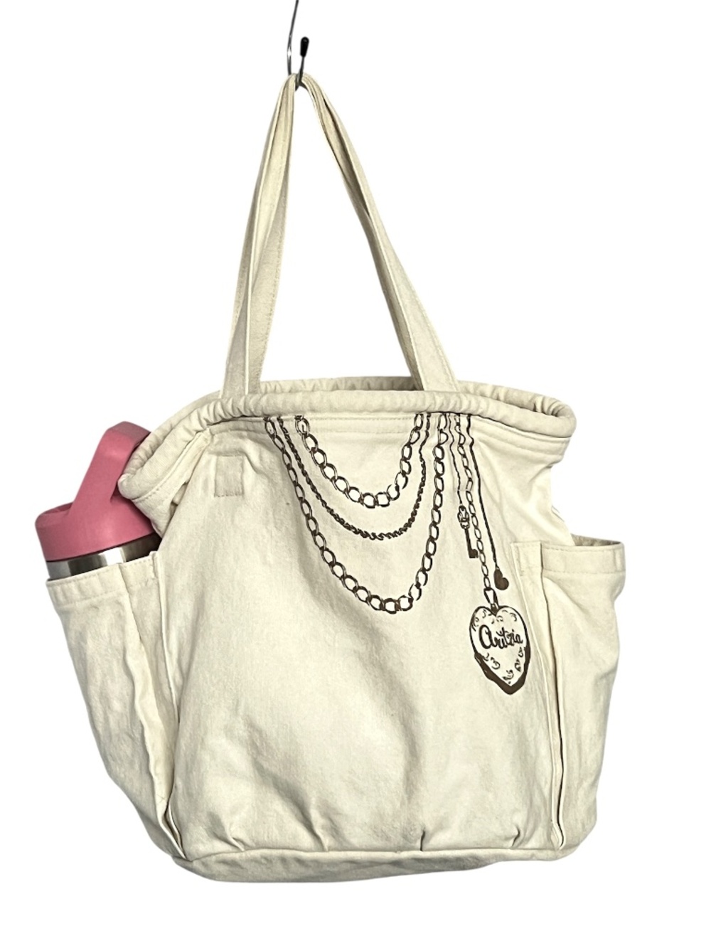 Aritzia Canvas Tote Bag Cream 2 Side Pockets Necklace Chain Heart